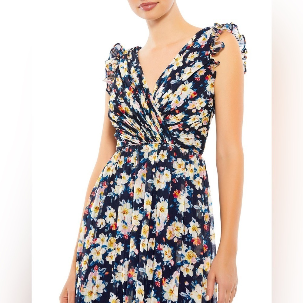 Ieena for Mac Duggal Flowy Floral Print V Neck Cap Sleeve Midi Dress 55665 - Picture 3 of 11